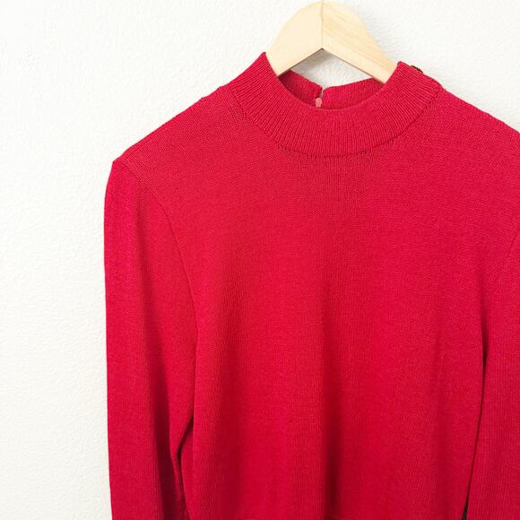 ST. JOHN | Red Knit Dress Pearl Button Vintage Sweater Mock Neck Long Sleeve | 8 - Picture 5 of 8